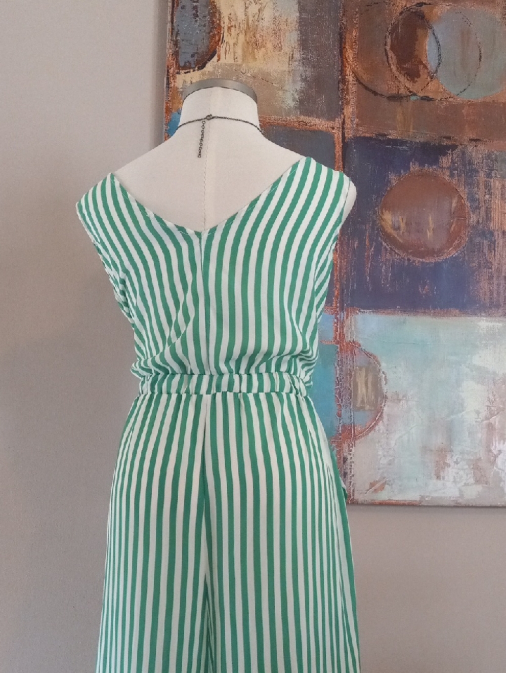 Tiana B. Wide Leg Green and White Vertical Stripe Sleeveless Jumpsuit Romper - Picture 15 of 16